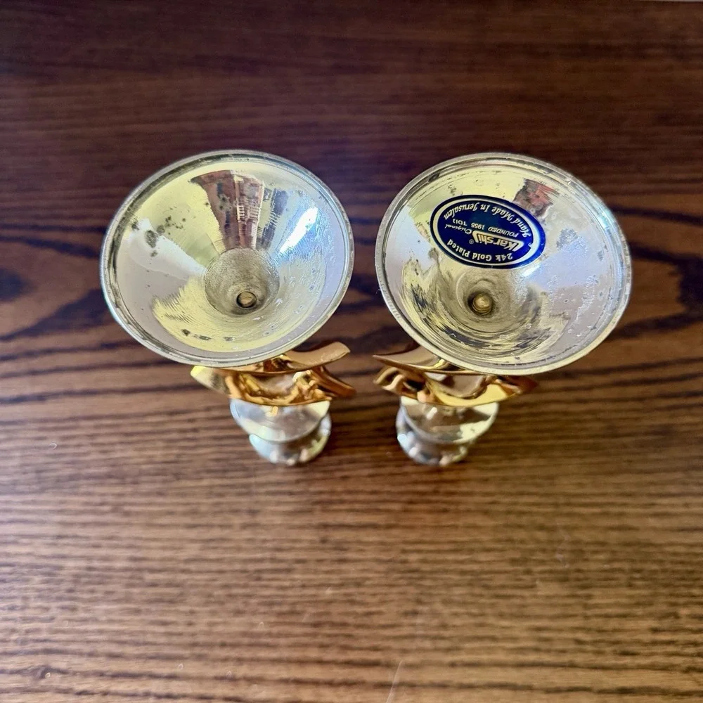 Vintage Karshi Hanukkah Candlesticks Shabbat David Star 24K Gold Plated Set Of 2